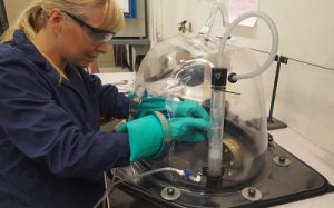 Female scientist using Posi-Dome I-box glove box